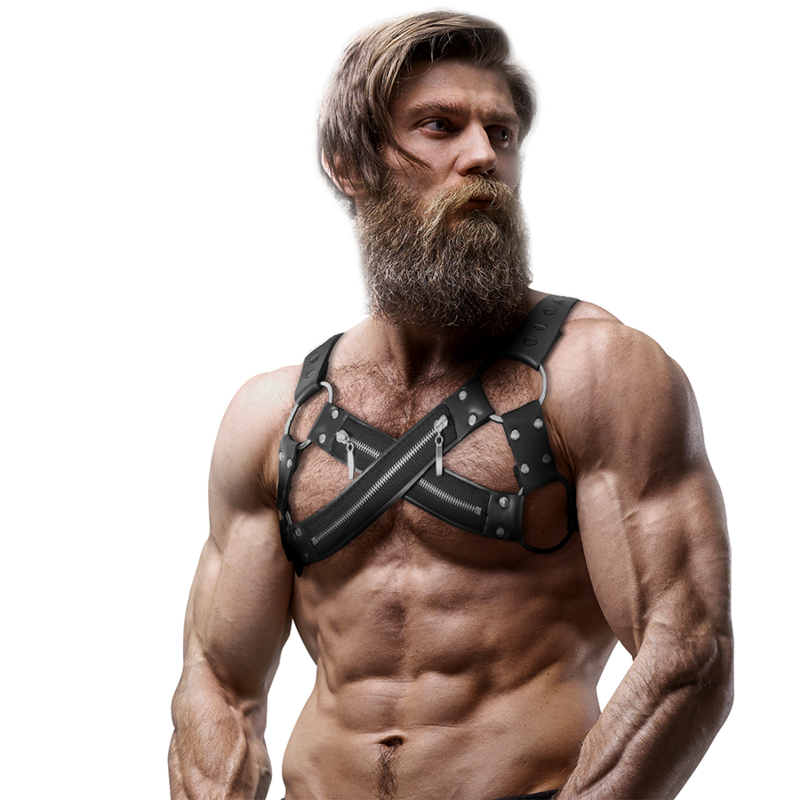 FETISH SUBMISSIVE ATTITUDE - ARNÊS DE BULLDOG DE PEITO CRUZADO DE NEOPRENE AJUSTVEL COM ZÍPERES PARA HOMENS