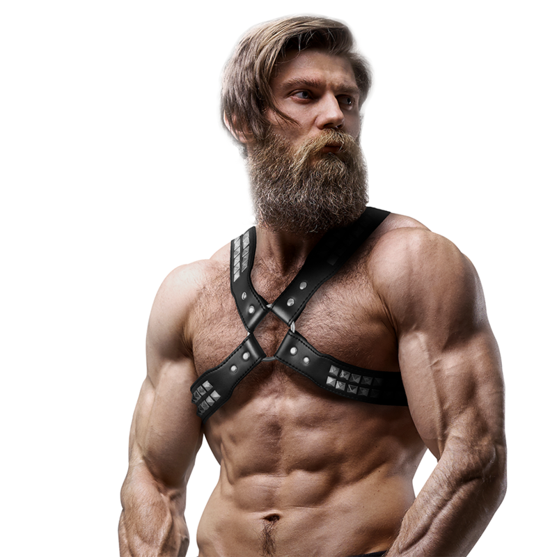 FETISH SUBMISSIVE ATTITUDE - ARNÊS DE COURO ECOLÓGICO COM PEITO CRUZADO E REBITES PARA HOMENS