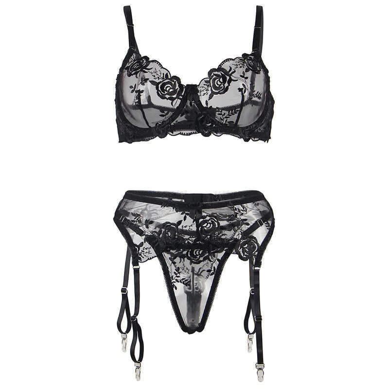 SUBBLIME - CONJUNTO DE 3 PEAS SUTI + TANGA + LIGA ESTAMPADO FLORAL PRETO