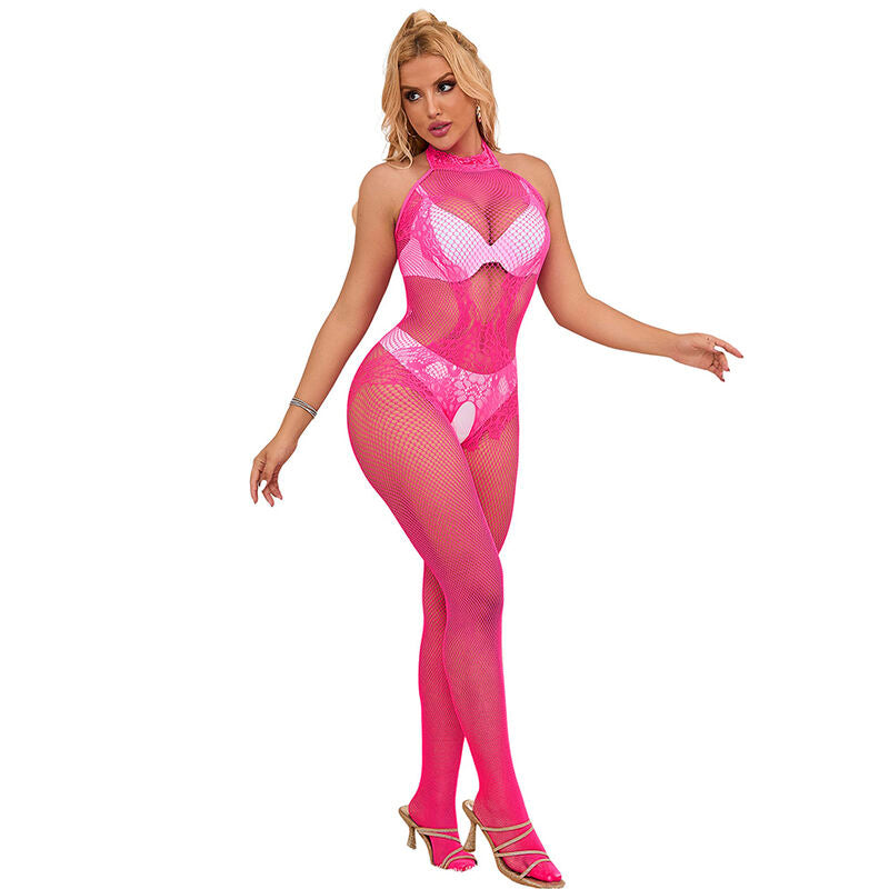 SUBBLIME - 952389 BODYSTOCKING SEM FUNDO DE REDE E RENDA COM GOLA ALTA Rosa TAMANHO ÚNICO