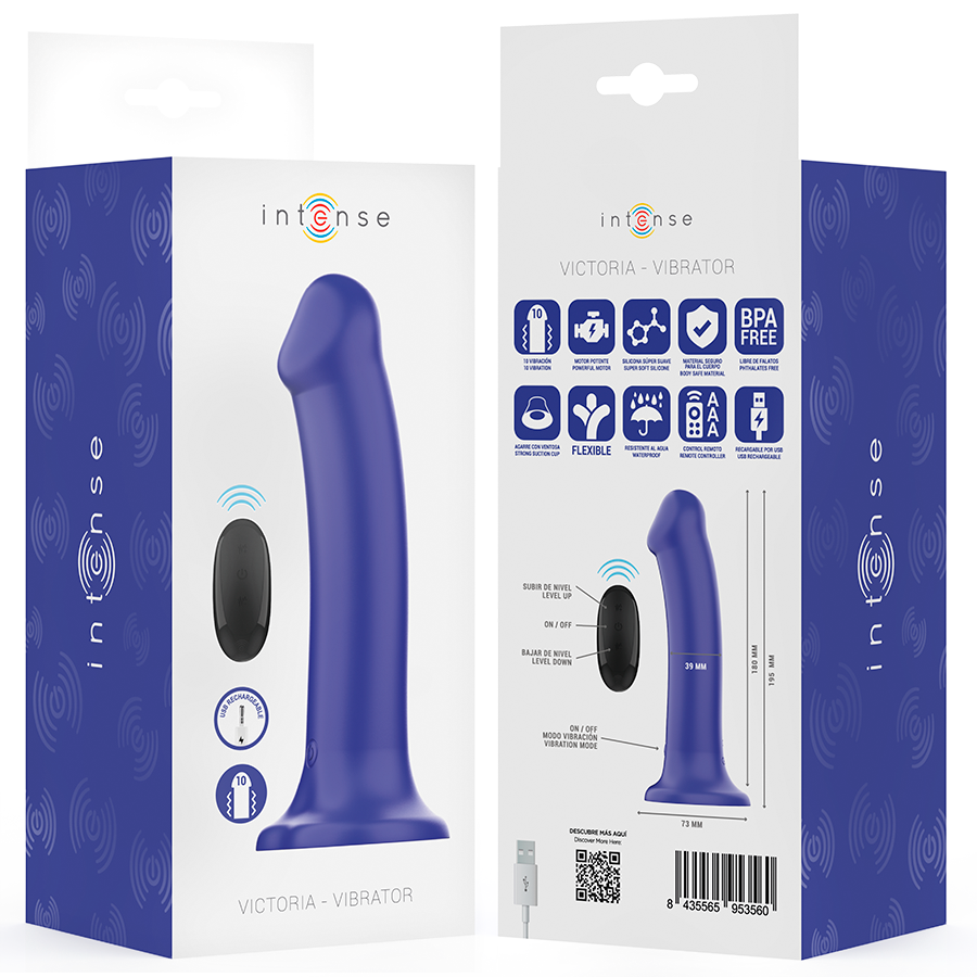 INTENSE - VIBRADOR VICTORIA COM VENTOSA 10 VIBRAÇÕES Azul ESCURO CONTROLE REMOTO