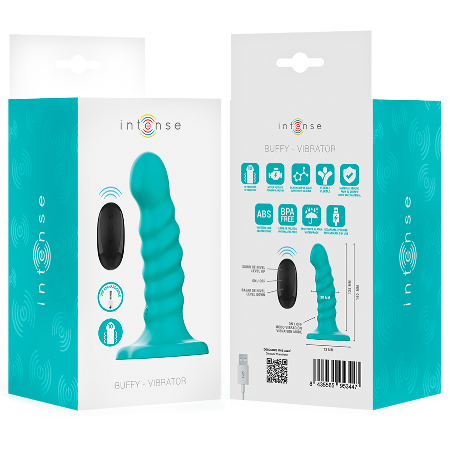INTENSE - VIBRADOR BUFFY TAMANHO P DESIGN ESPIRAL 10 VIBRAÇÕES CONTROLE REMOTO Azul