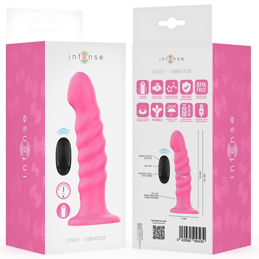 INTENSE - VIBRADOR CINDY TAMANHO L DESIGN ESPIRAL 10 VIBRAÇÕES Rosa CONTROLE REMOTO